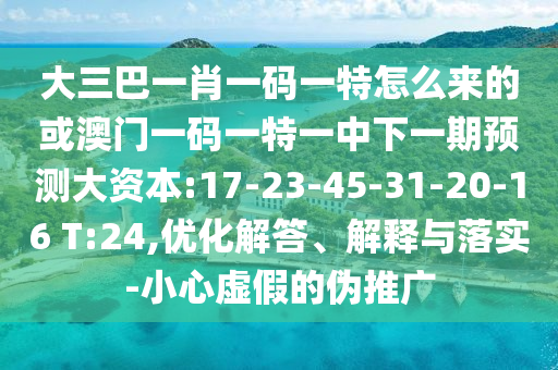 大三巴一肖一碼一特怎么來的或澳門一碼一特一中下一期預(yù)測大資本:17-23-45-31-20-16 T:24,優(yōu)化解答、解釋與落實(shí)-小心虛假的偽推廣